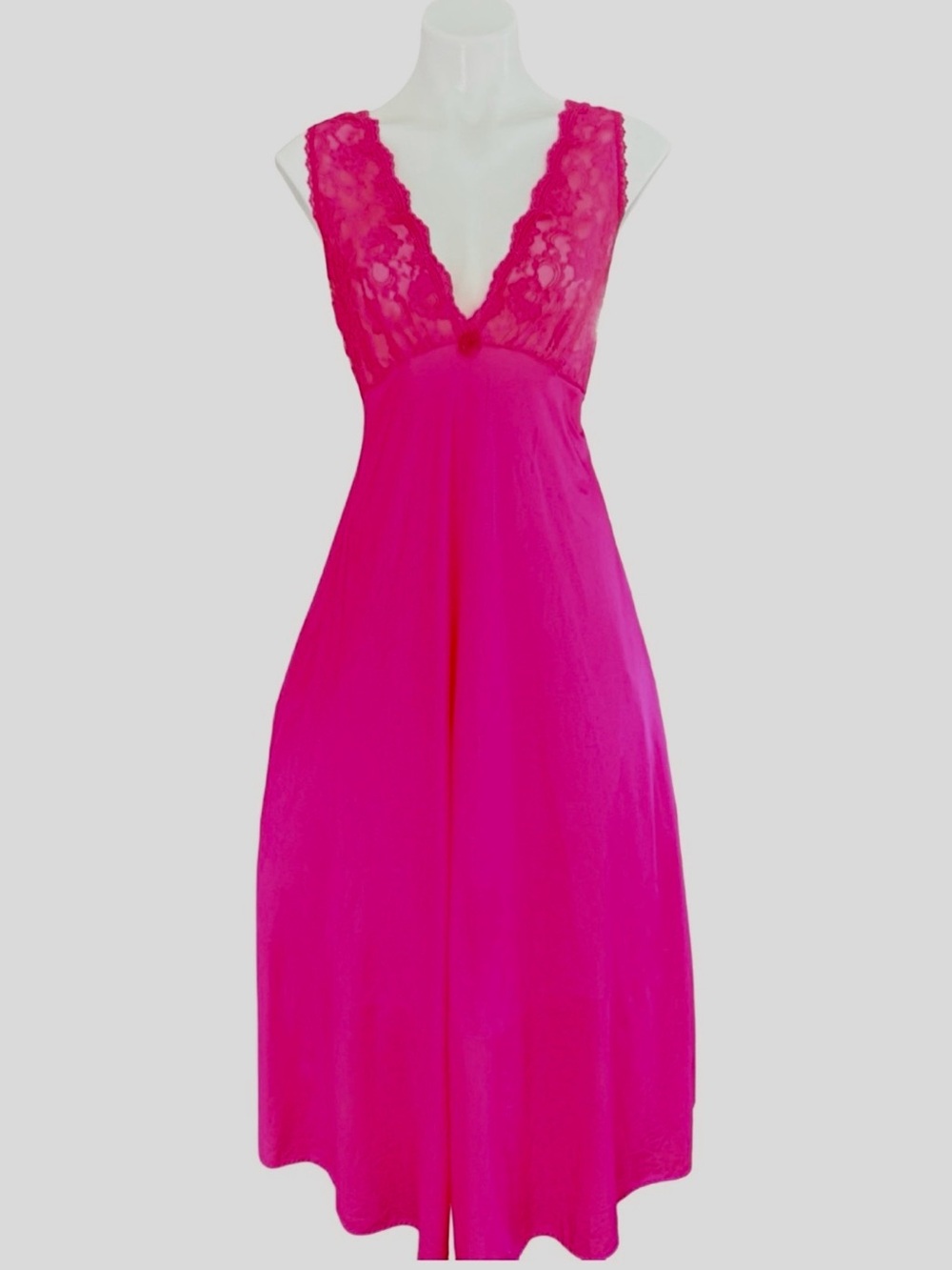 Adonna Vintage Hot Pink Nylon Lace Maxi Nightgown Full Sweep Medium USA